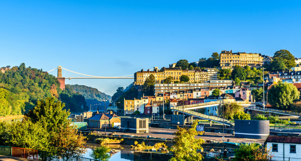 Clifton village and suspension bridge in Bristol at sunrise